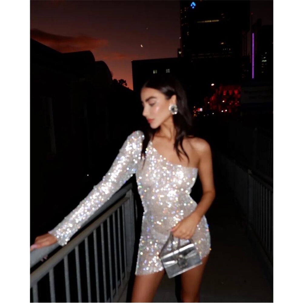 Santa Brands Silver One-Shoulder Mini Dress